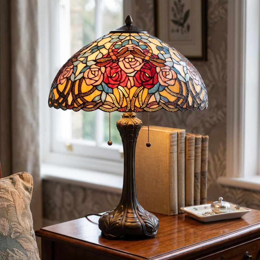 Aylesbury Tiffany Table Lamp with a rose and dragonfly stained glass shade, set on a wooden side table near books.