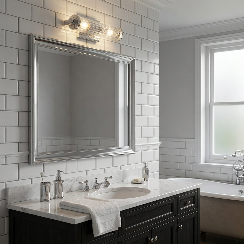 Azores double polished chrome wall light with fluted glass shades mounted above a bathroom mirror.