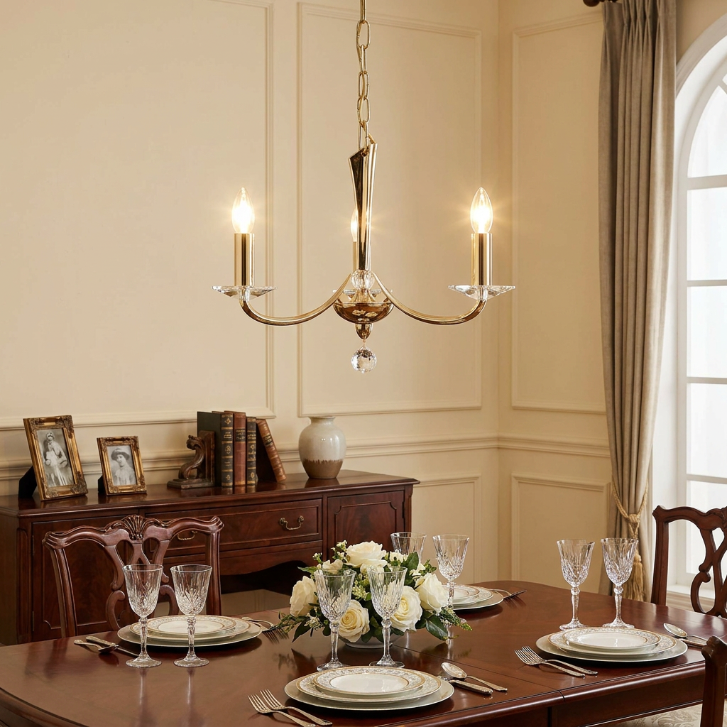 A Bahia Cast Brass 3 Light Chandelier with gold plate hanging over an elegantly set dining table.
