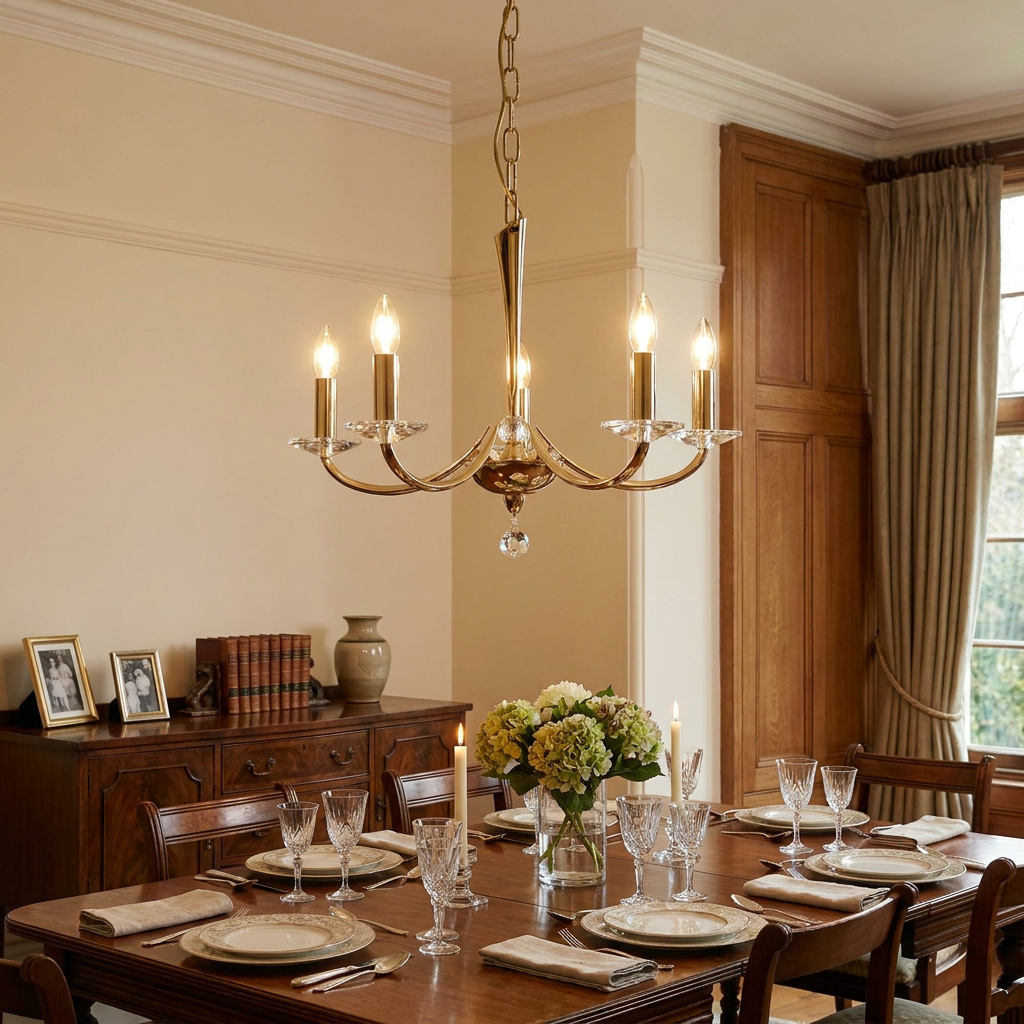 A gold-plated 5-light chandelier with crystal accents hangs over a formal wooden dining table set for a meal.