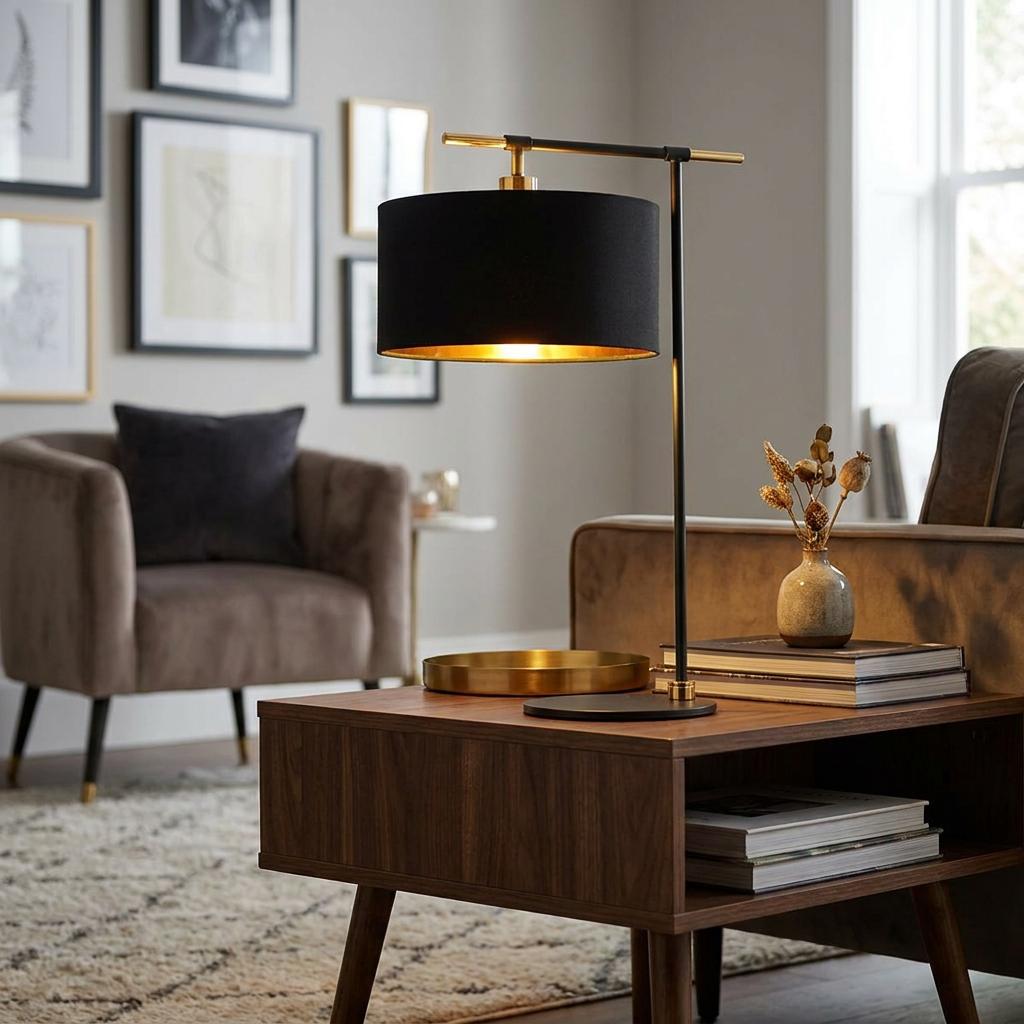 A black and brass table lamp with a dark shade sits on a wooden side table in a contemporary living room.