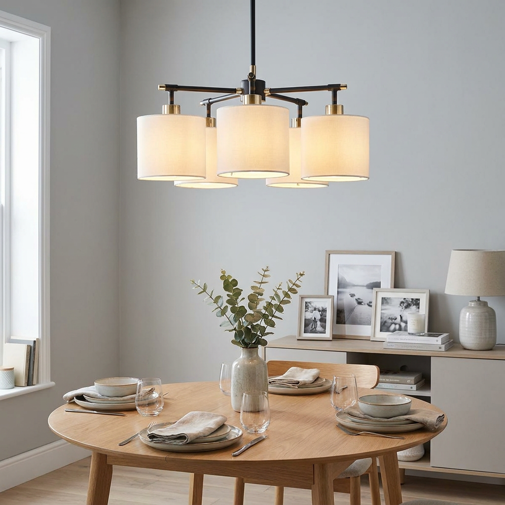A five-light black chandelier with cream fabric shades over a minimalist wooden dining table in a neutral room.