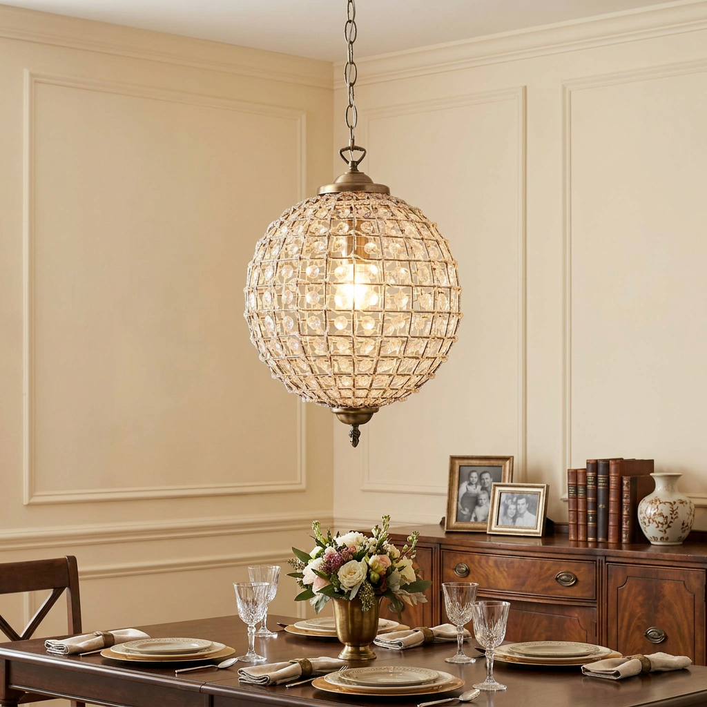 An antique brass crystal globe pendant light illuminates a set dining table in a formal room.