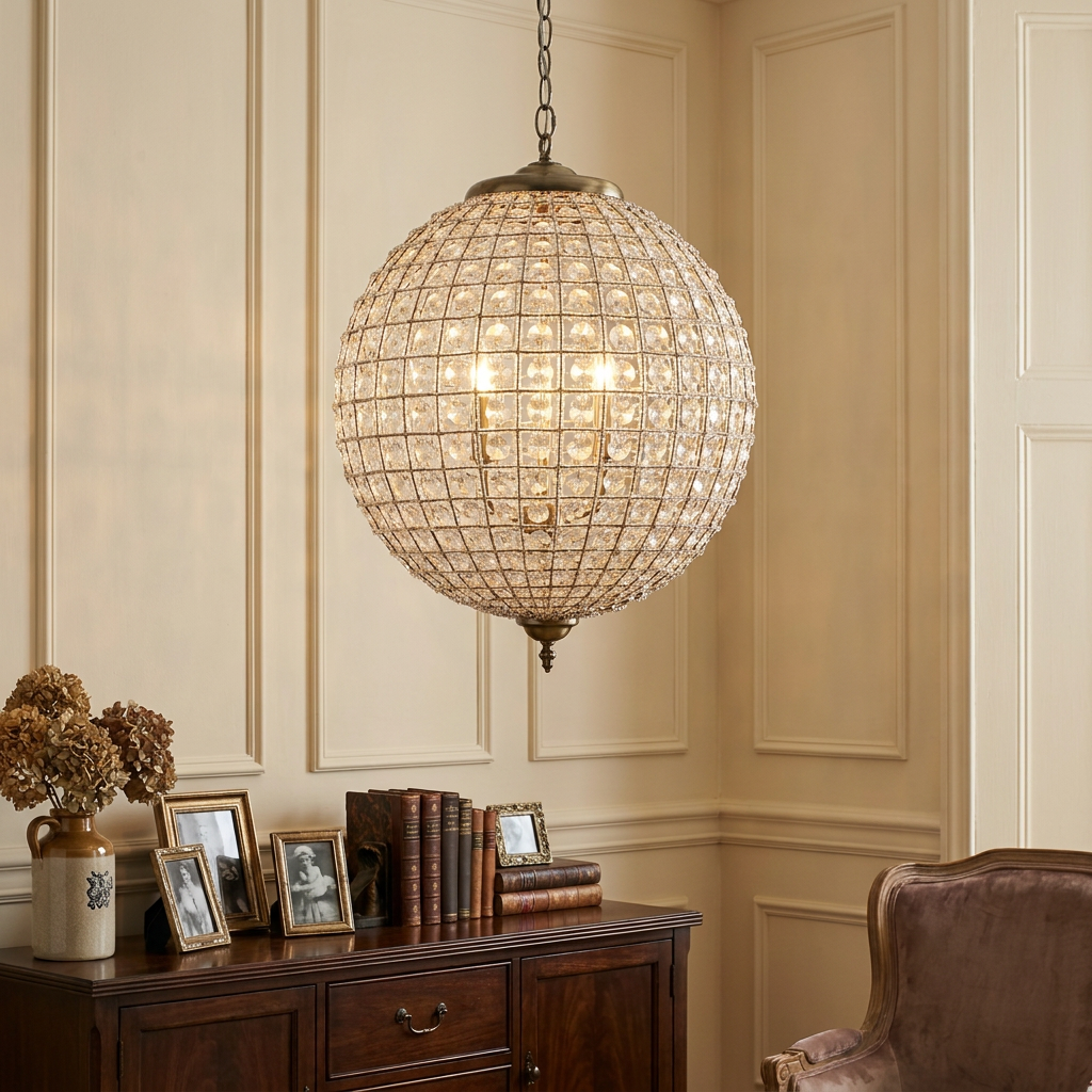 Antique brass and crystal globe pendant light hanging in a traditional room above a dark wood sideboard.