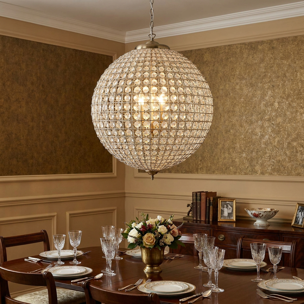 Large crystal globe pendant light hanging over a formally set wooden dining table in a traditional dining room.