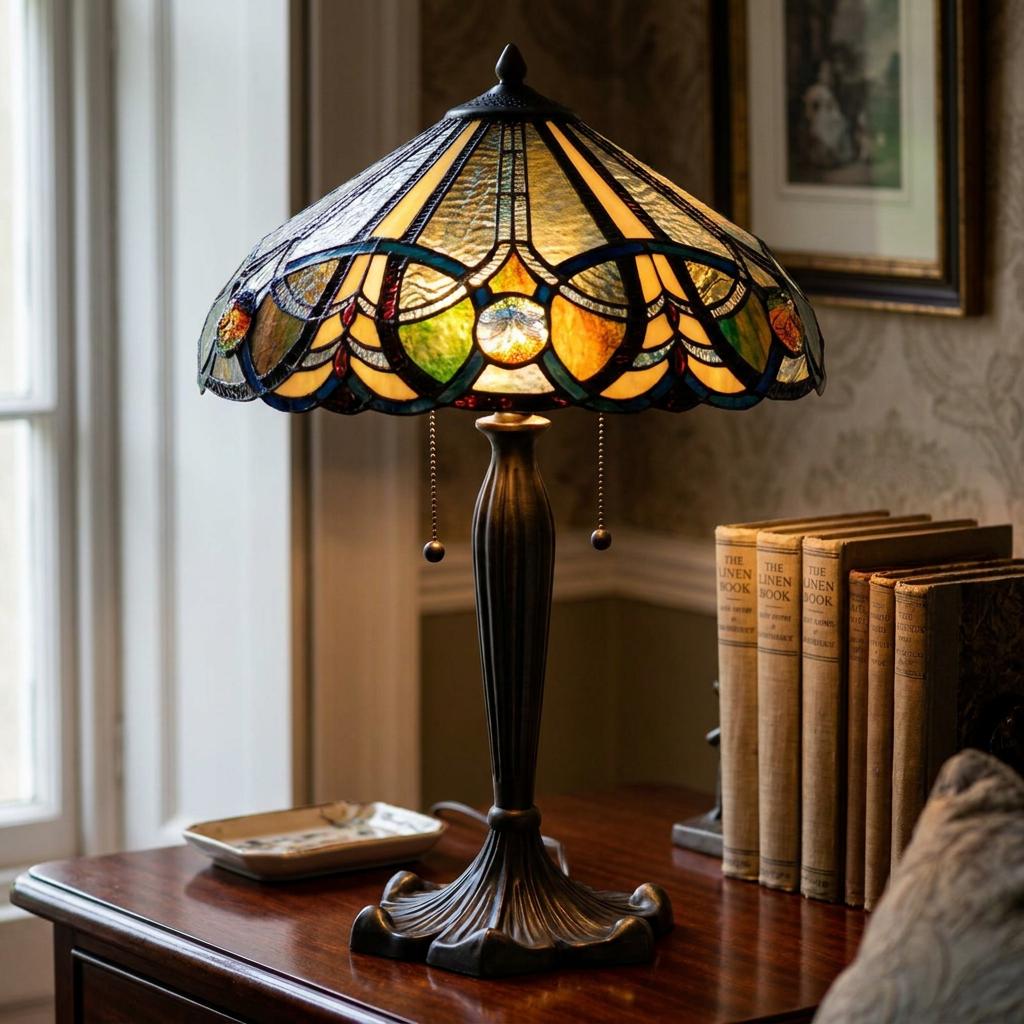 Barnstaple Tiffany table lamp with a multi-colored stained glass shade on a wooden desk next to old books.