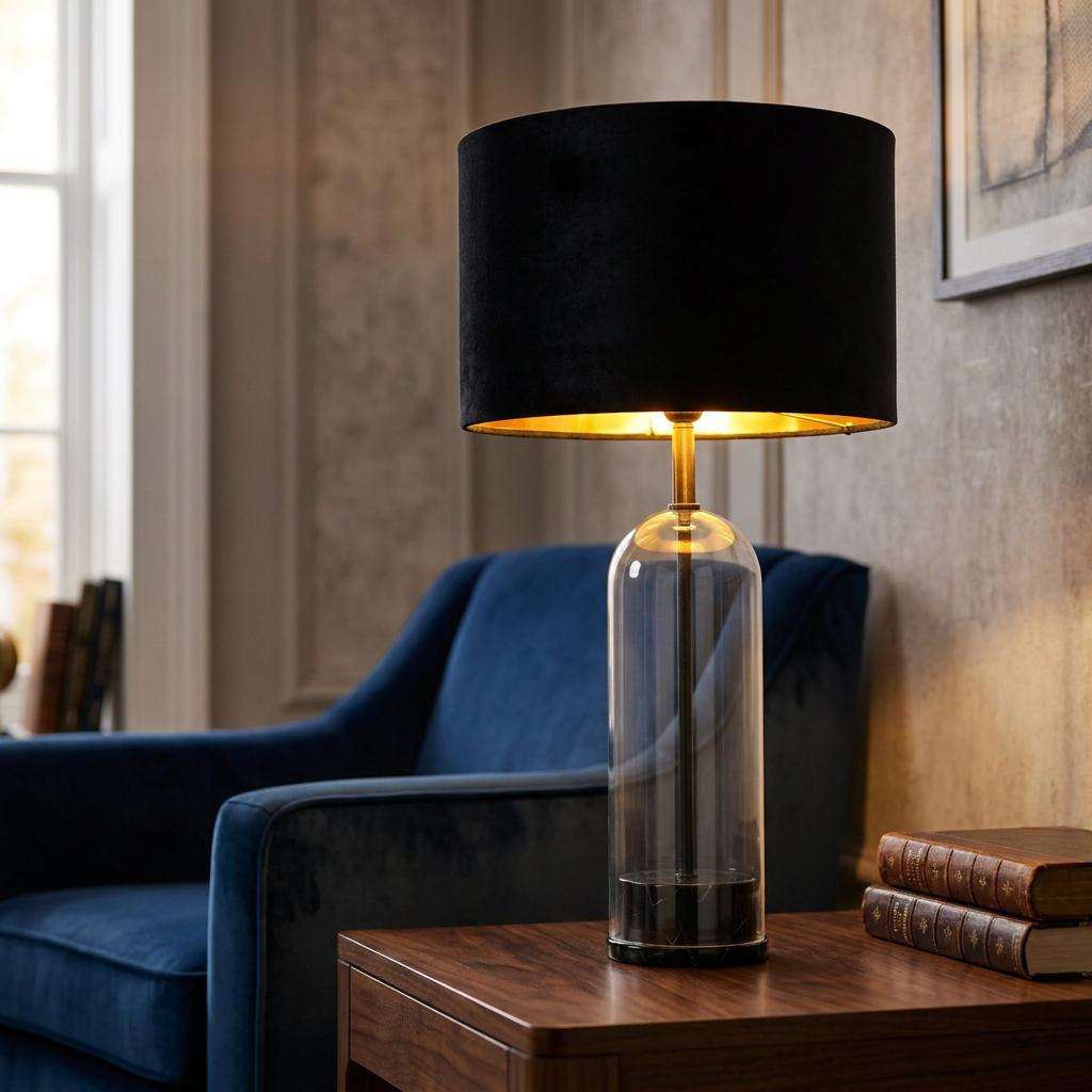 Oxford table lamp with black shade and glass base, glowing on a wooden table beside a blue velvet armchair.