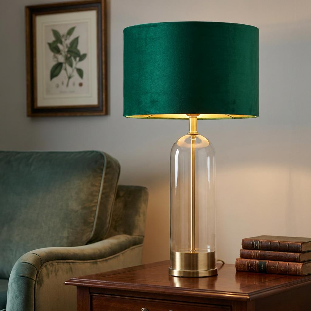 Oxford table lamp with a glass cloche base and emerald green velvet shade on a wooden side table.
