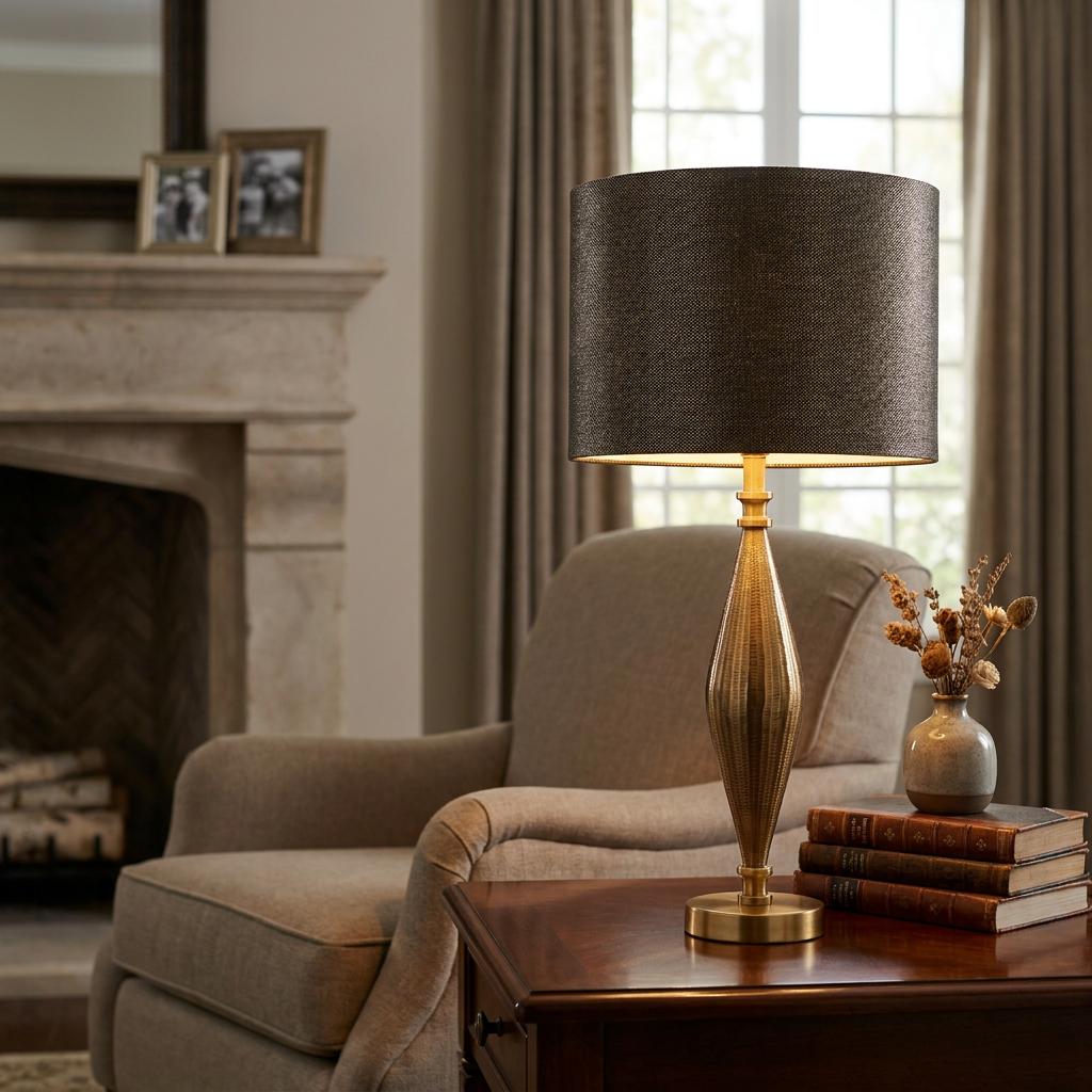 Antique brass table lamp with a dark textured shade on a side table in a cozy living room.