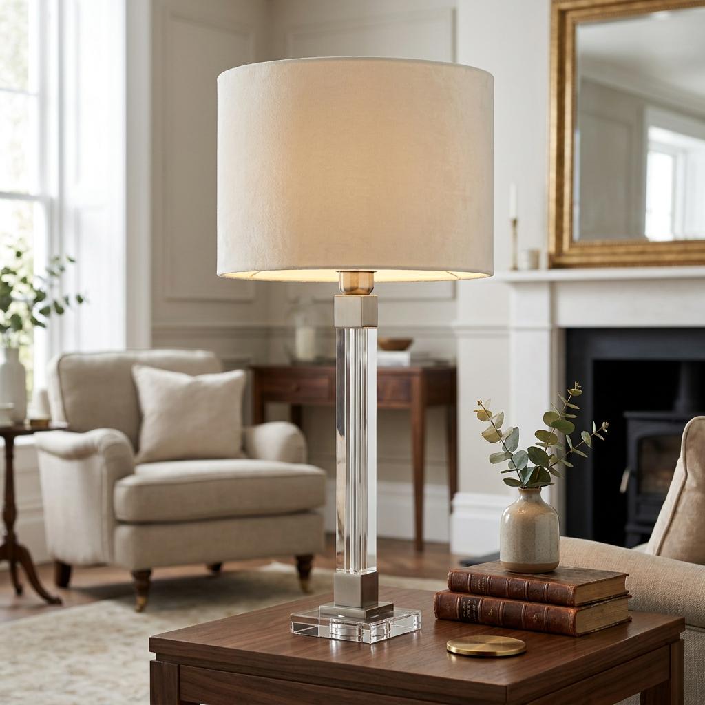Elegant table lamp with a tall crystal pillar base and cream drum shade, sitting on a wooden side table.