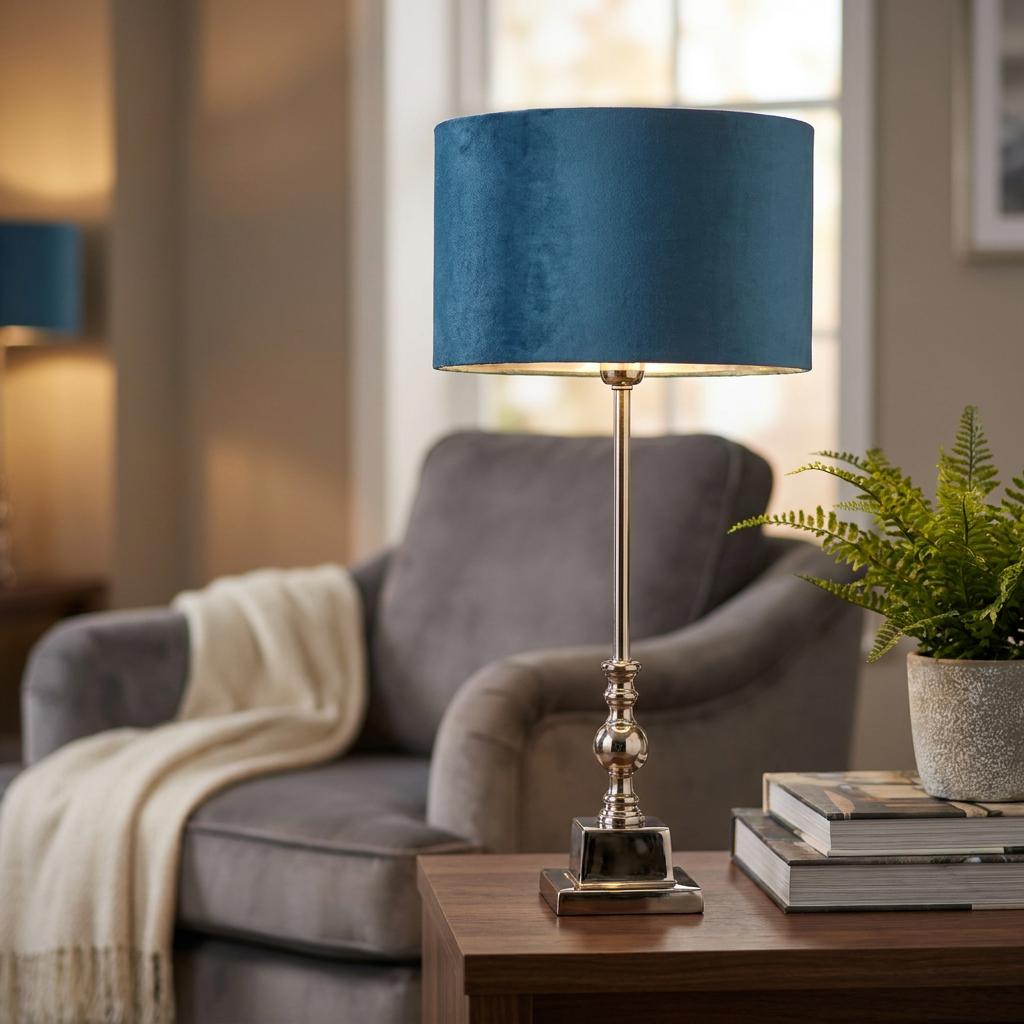 Whitby chrome table lamp with a teal velvet drum shade on a wooden table in a living room.