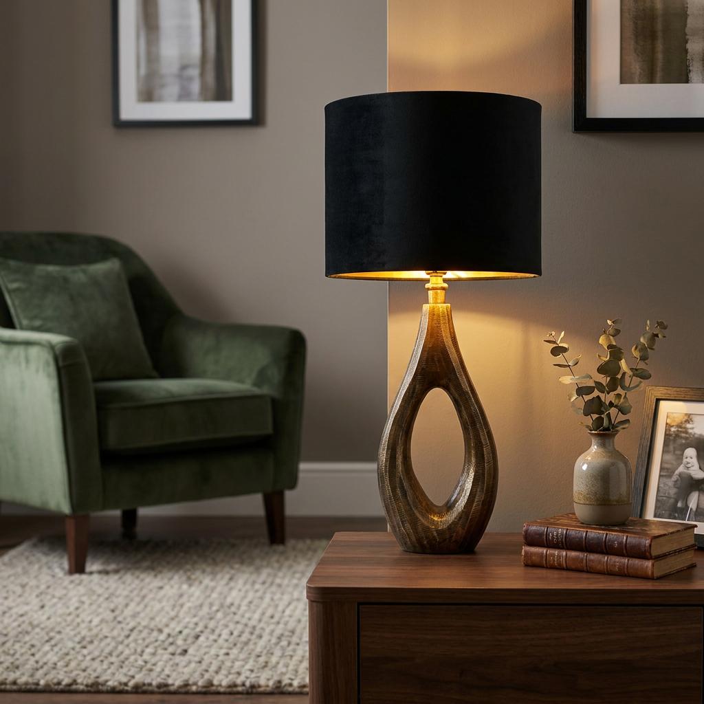 Bucklow table lamp in antique brass with a black shade on a wooden table in a cozy living room.