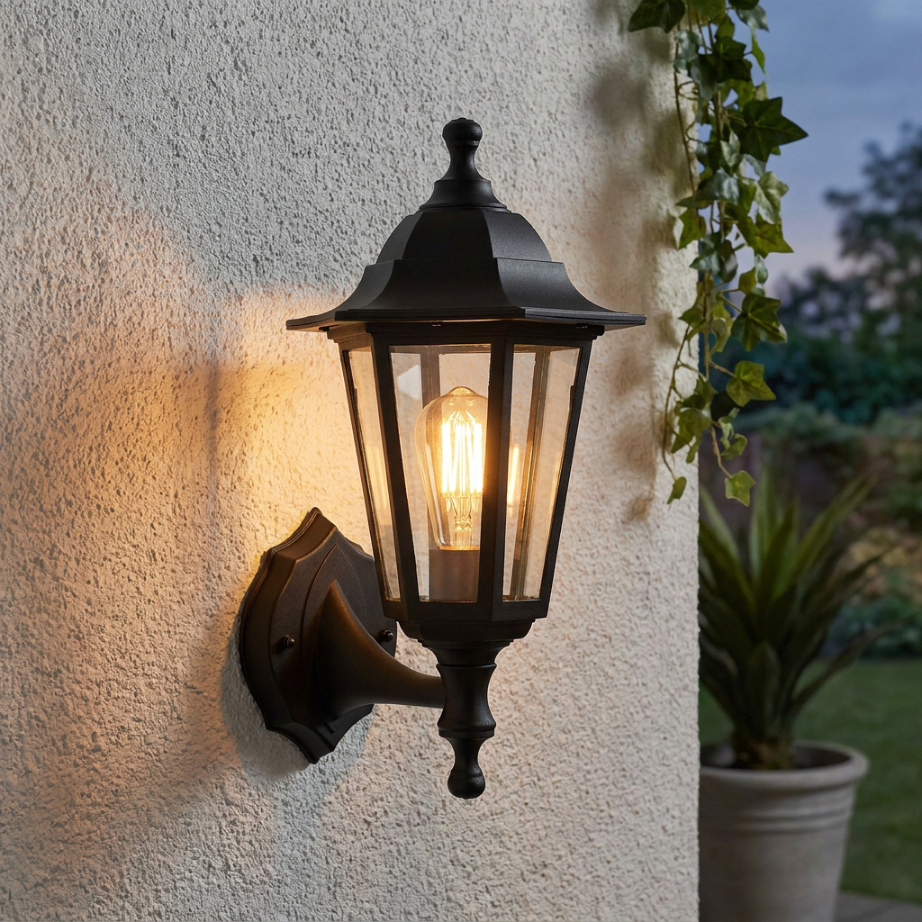 Black traditional outdoor wall lantern with a warm filament bulb mounted on a textured white wall.