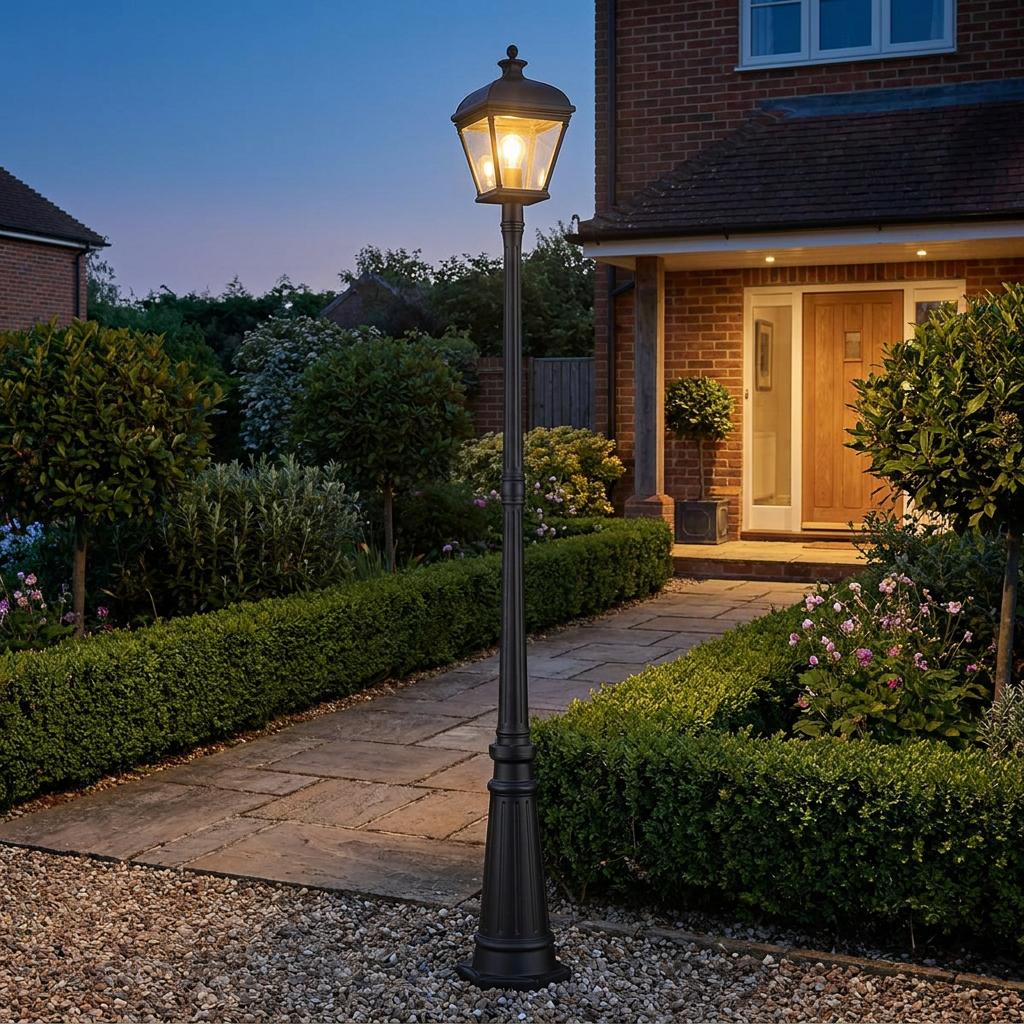 Lit black outdoor lamp post standing in a landscaped residential garden next to a stone walkway at twilight.