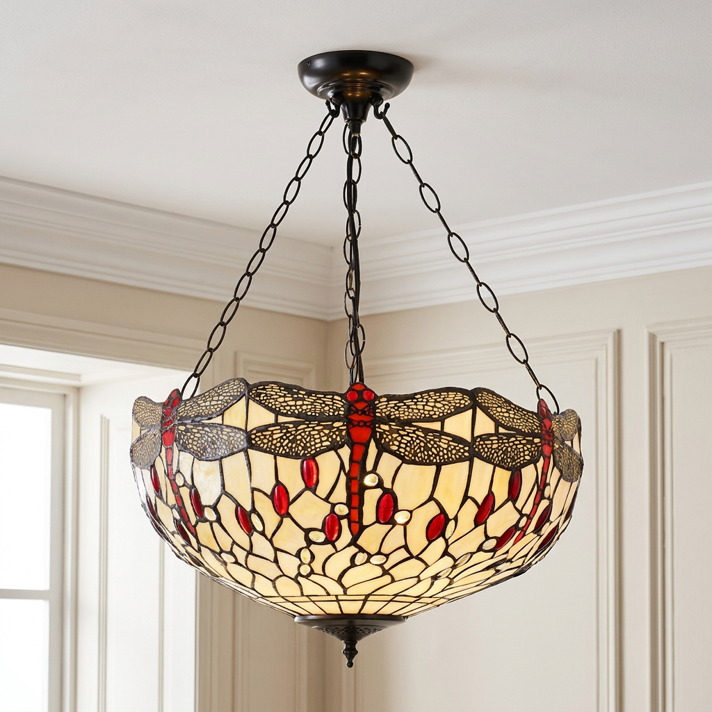 Beige Tiffany-style inverted ceiling light featuring red dragonfly patterns and jeweled accents on black chains.
