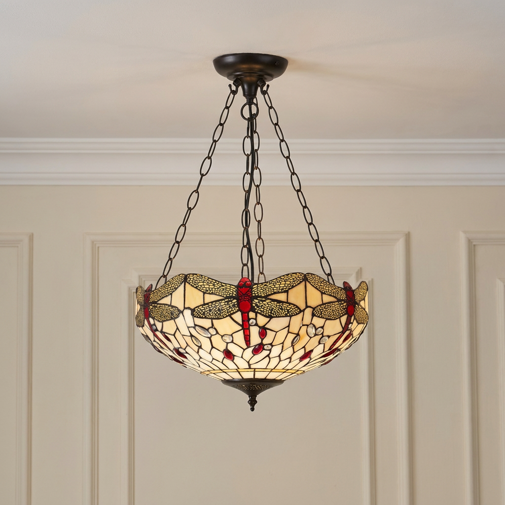 Inverted Tiffany pendant light featuring a beige shade with red dragonfly motifs and filigreed wings.