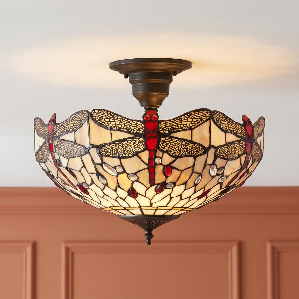 Beige Tiffany-style semi-flush ceiling light featuring red dragonfly designs and decorative glass jewels.