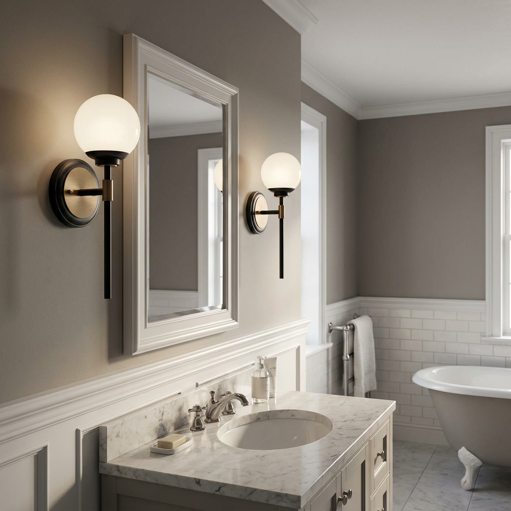 Two black and bronze wall lights with white globes flank a bathroom mirror above a marble vanity.
