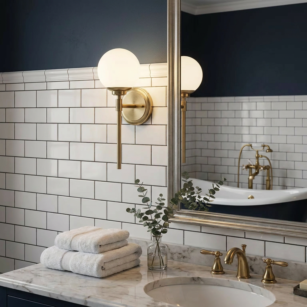 Benno bronze bathroom wall light with an opal globe shade on a white tiled wall above a marble countertop.