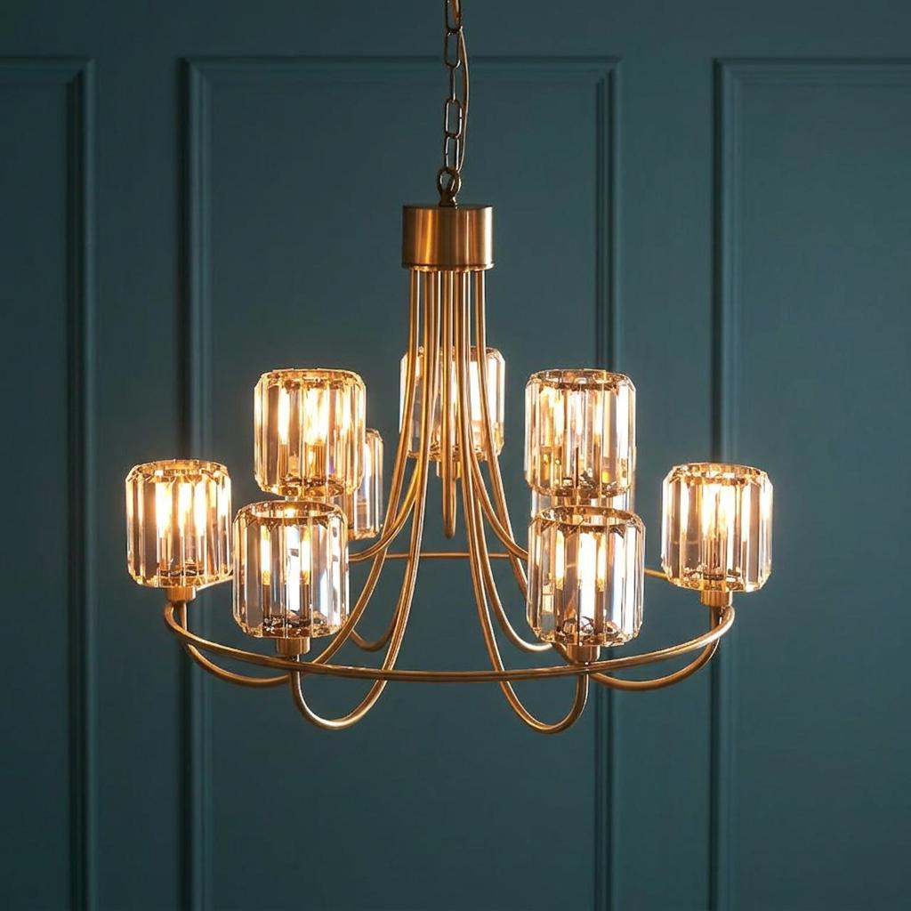 Berenice brass 9 light pendant chandelier with clear cut glass shades against a teal paneled wall.