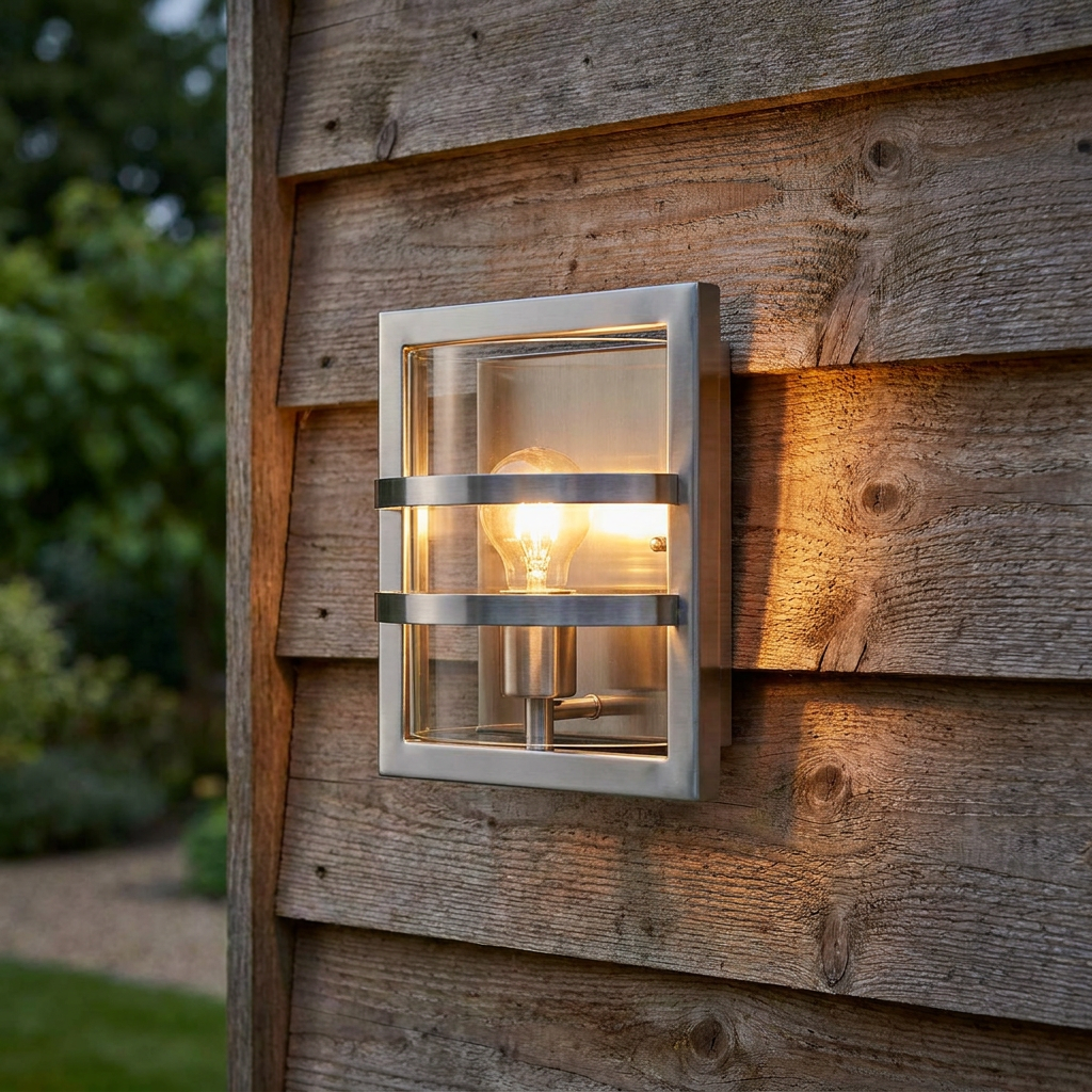 Bern stainless steel and clear glass outdoor wall light with a glowing bulb, mounted on wooden lap siding.