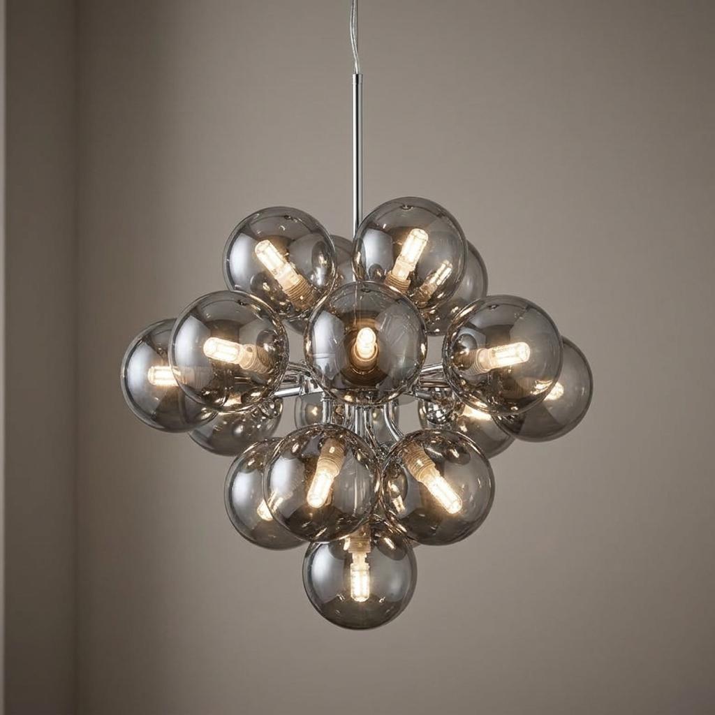 Berry 17 light chrome ceiling pendant with a cluster of smoked glass globes and glowing bulbs.