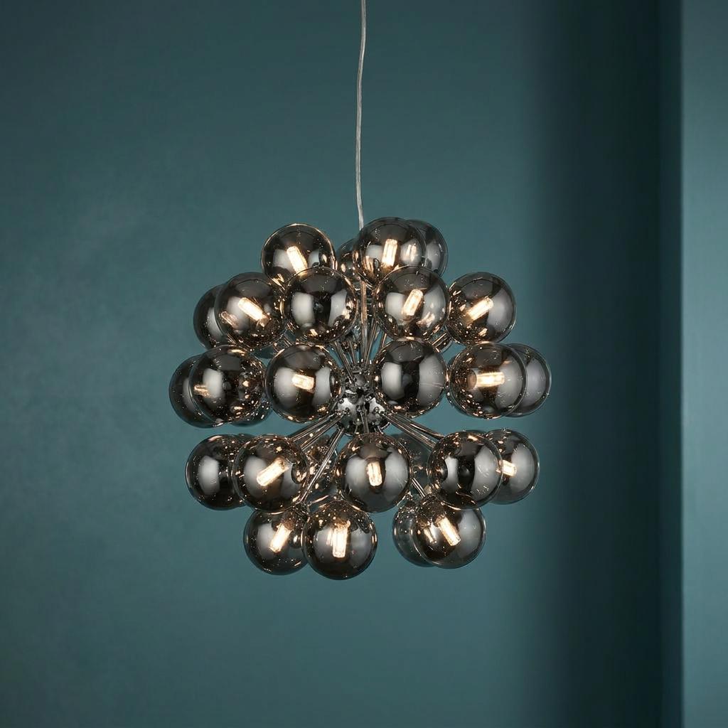 Modern Berry 27-light chrome pendant with smoked glass spheres against a teal background.
