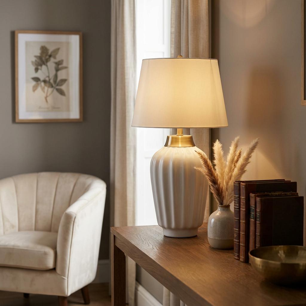 White fluted ceramic table lamp with brushed brass neck on a wooden console table in a warm interior.