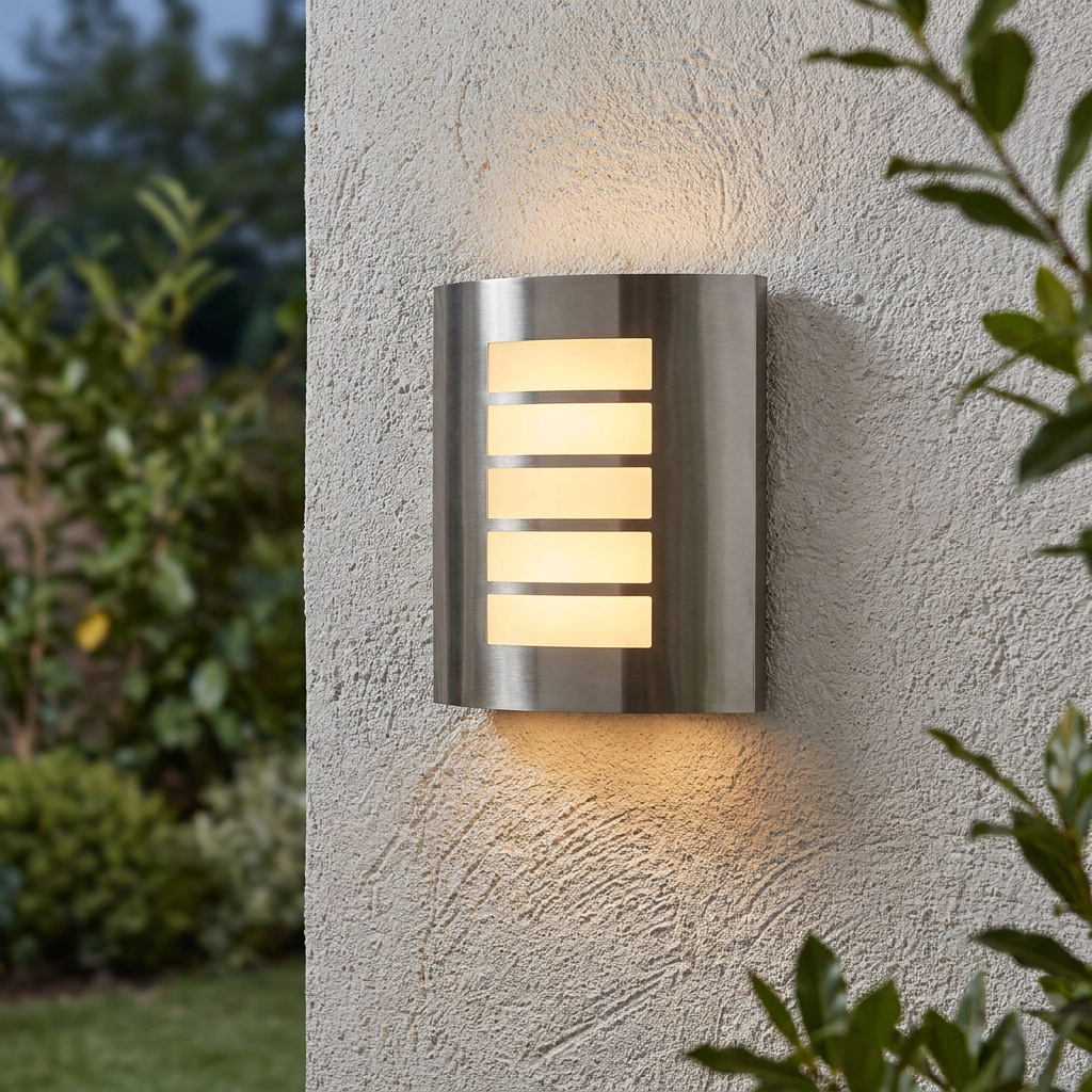Modern stainless steel outdoor wall light with warm glowing slats mounted on a textured white exterior wall.