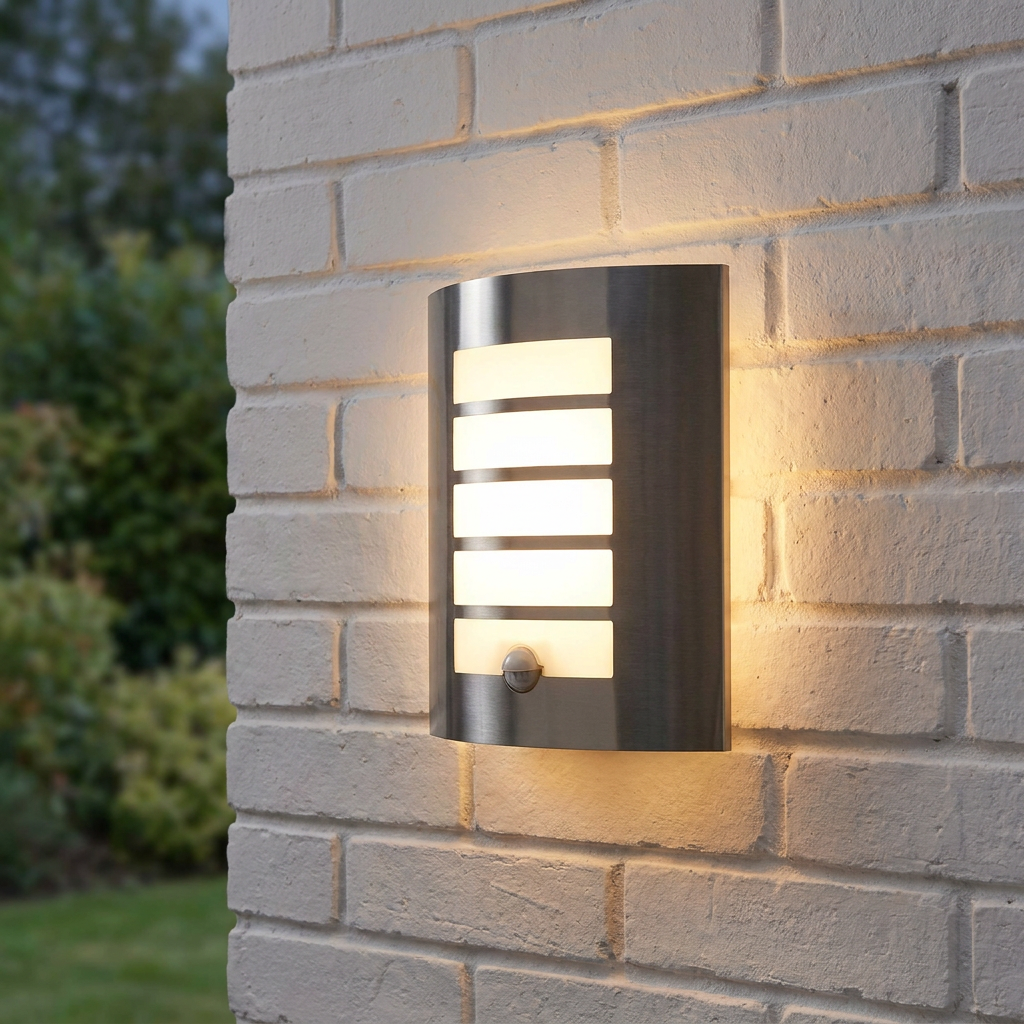 Curved silver outdoor wall light with five horizontal glowing slats and PIR sensor on a white brick wall.