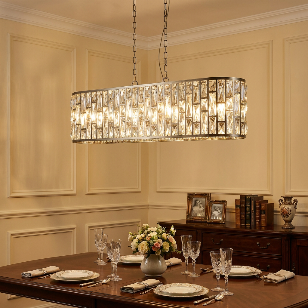Antique brass oval pendant light with glass tiles suspended over an elegantly set dining table in a classic room.