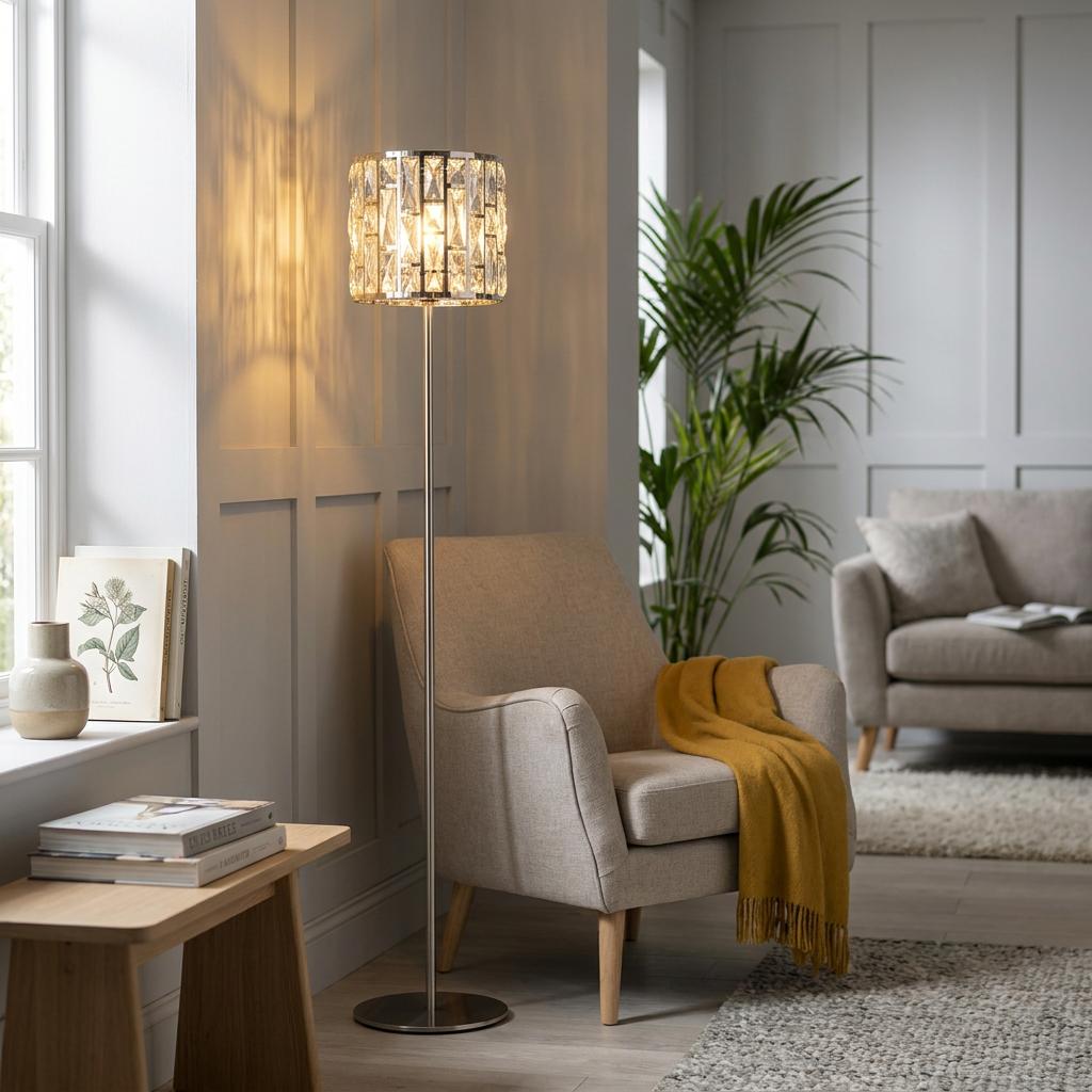 Bijou chrome floor lamp with a shimmering crystal glass shade standing next to a modern armchair in a living room.