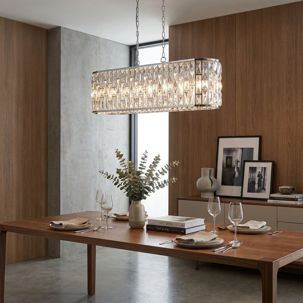 Polished chrome oval pendant with clear crystals illuminates a wooden dining table in a contemporary dining room.