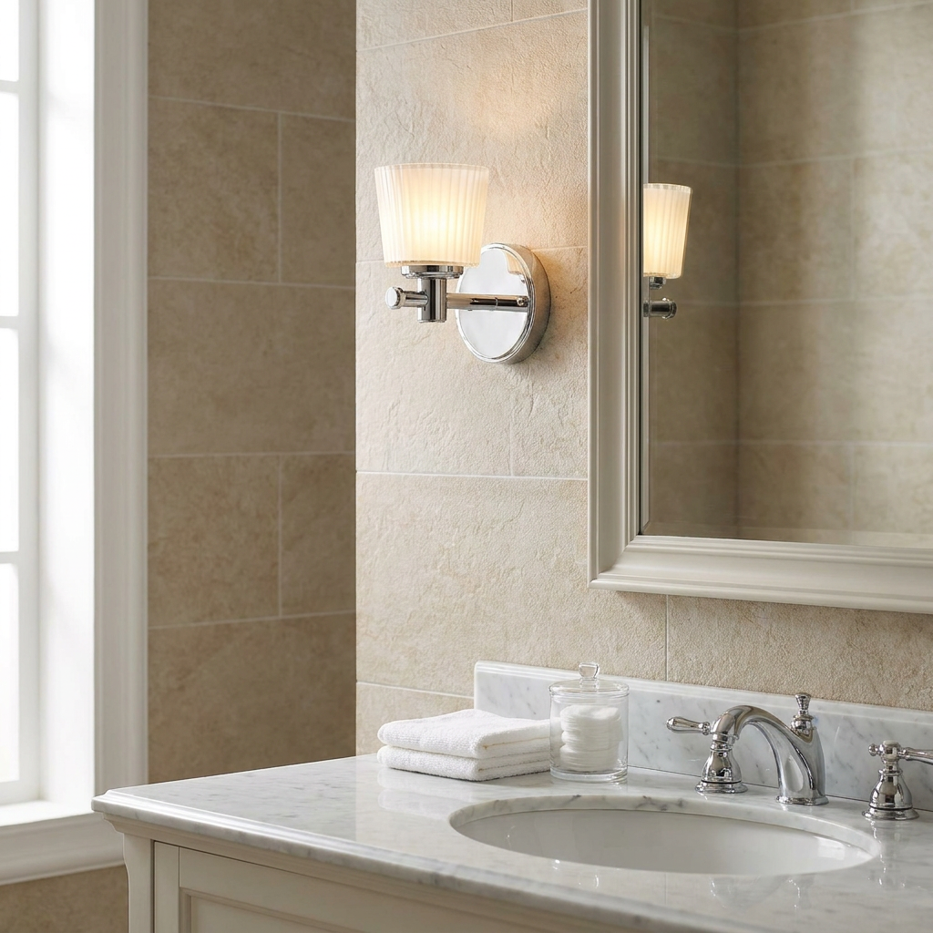 Binstead polished chrome wall light with a ribbed glass shade mounted next to a bathroom mirror over a marble vanity.