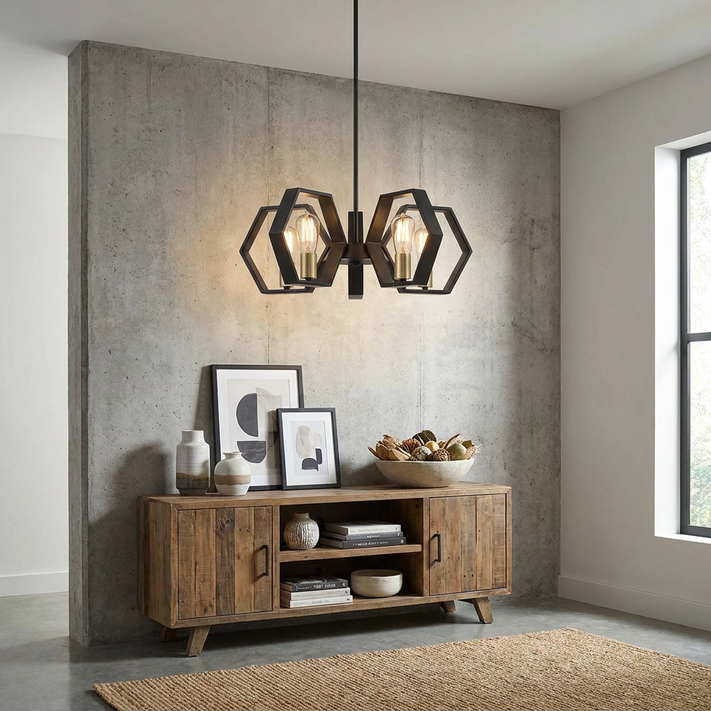 Bismarck Black 5 Light Chandelier with hexagonal frames hangs above a wooden sideboard against a concrete wall.