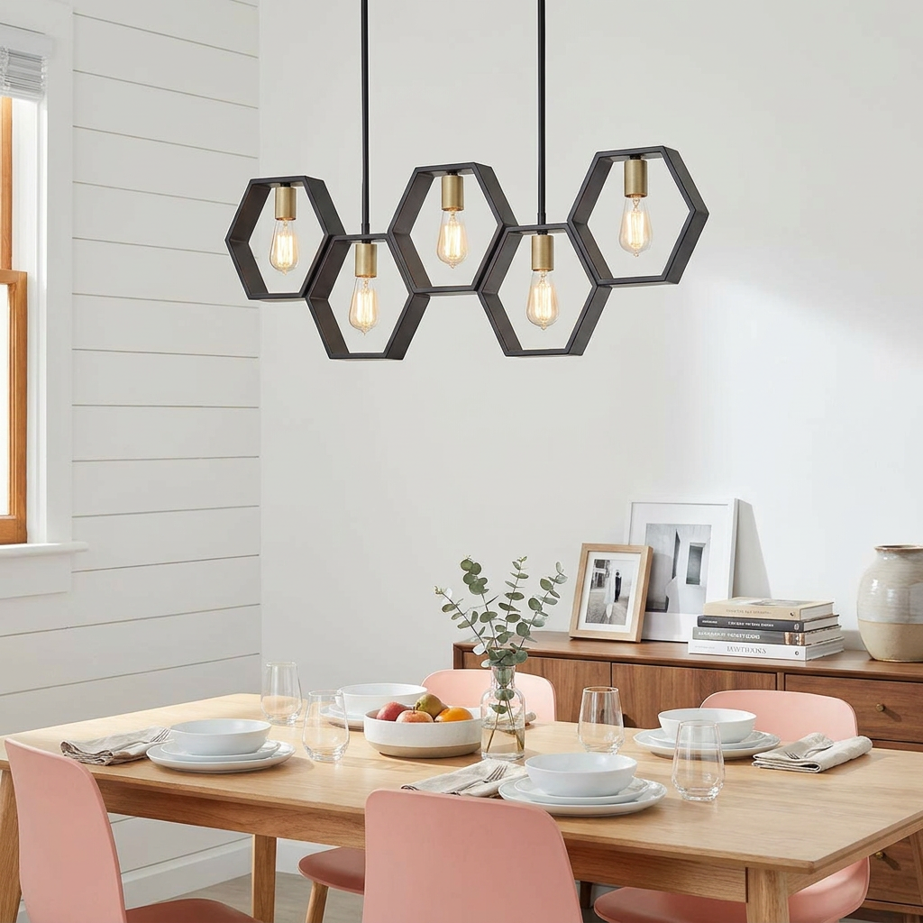 A black 5-light linear pendant with hexagonal frames and exposed bulbs hanging over a modern dining table.