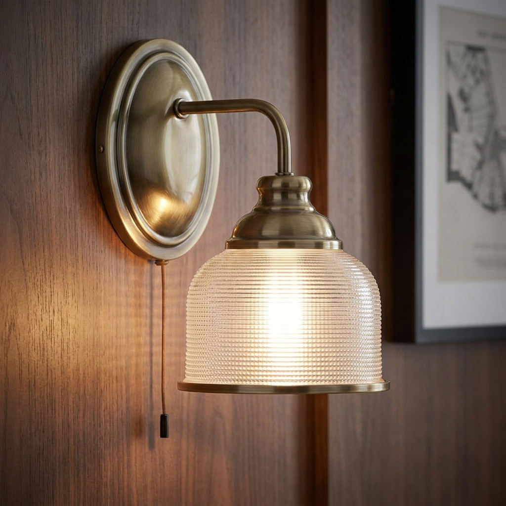 Antique brass Bistro II wall light with a holophane glass shade and pull cord mounted on a wooden wall.