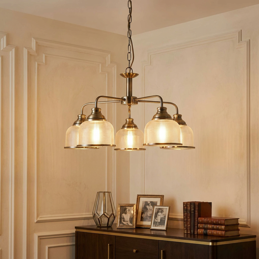 Antique brass five-light pendant with ribbed glass shades hanging in a classic interior with paneled walls.