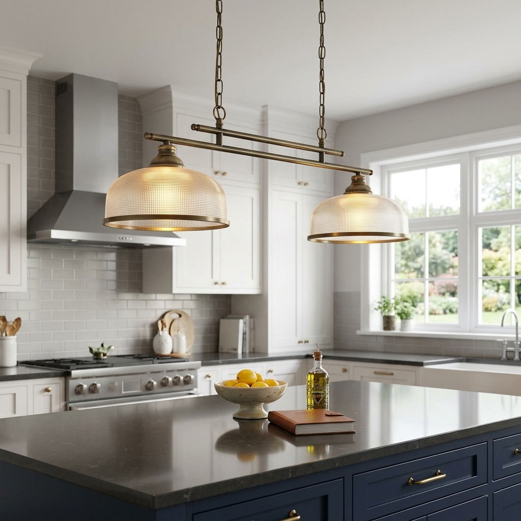 Bistro II Brushed Brass Kitchen Island Ceiling Light - Holophane Glass Shades