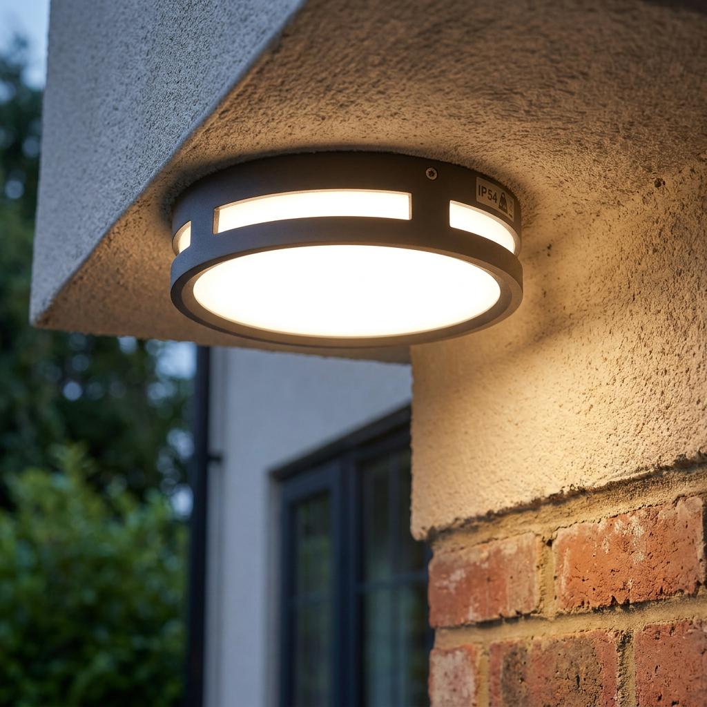 Circular black outdoor bulkhead light glowing warmly, mounted under a concrete overhang next to a brick wall.
