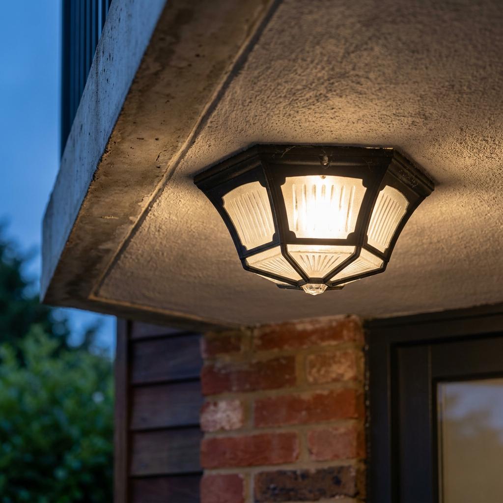 Outdoor flush mount ceiling light with black frame and frosted ribbed glass glowing under a concrete overhang.