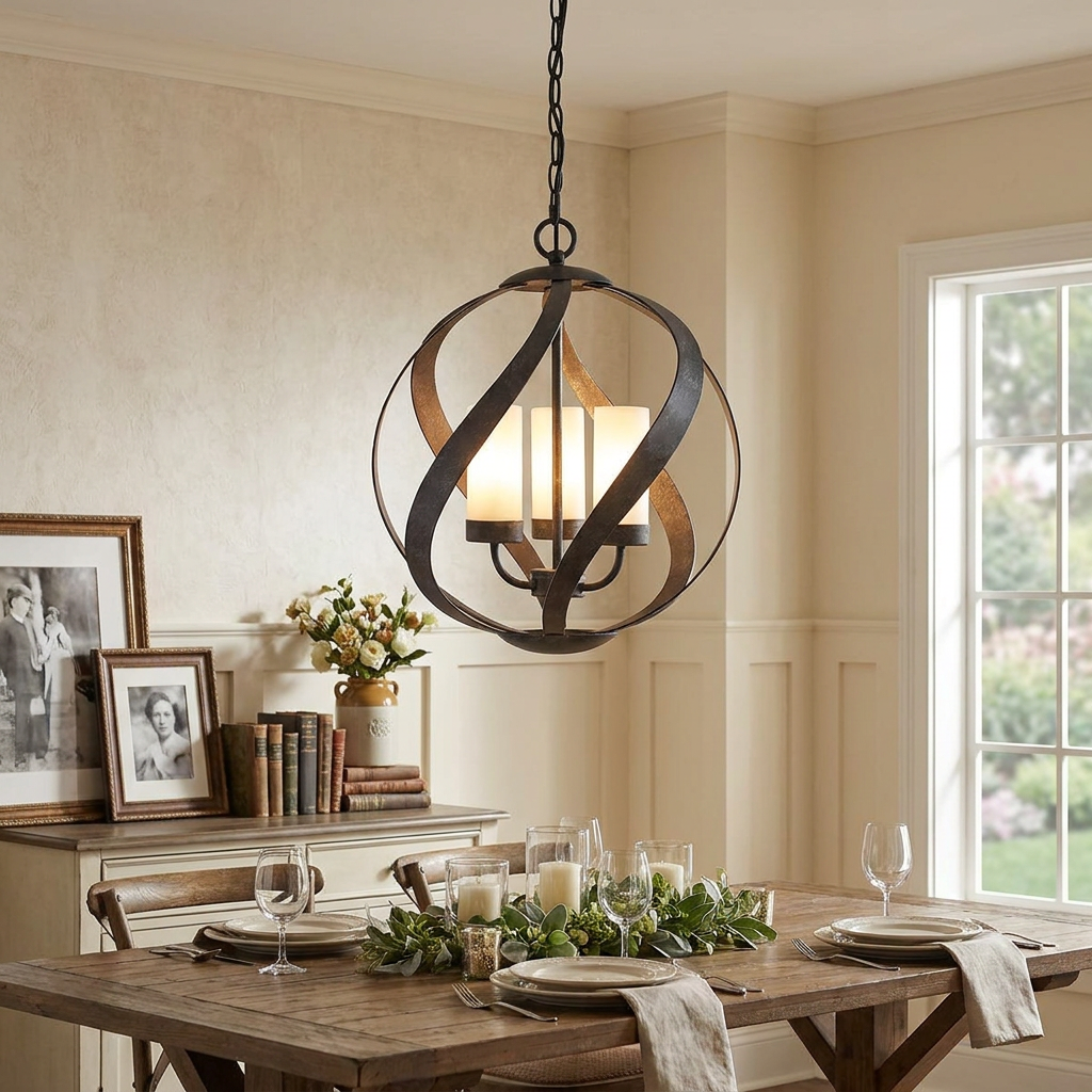 Blacksmith three-light orbital chandelier hanging above a set dining table with a lush greenery centerpiece.