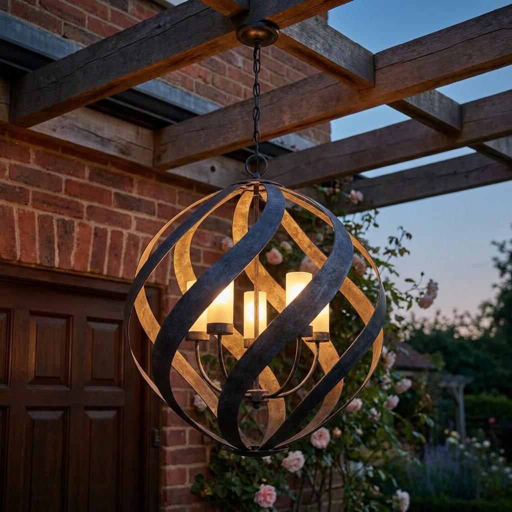 Blacksmith five-light orbital chandelier hanging from a wooden pergola in a garden at dusk.