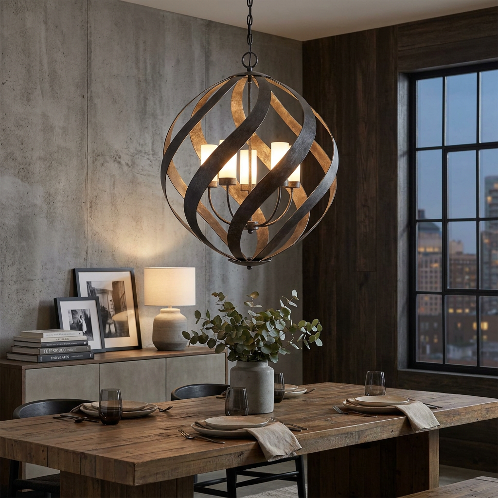 Blacksmith 5-light orb chandelier with twisted metal bands hanging in a rustic dining room over a wooden table.