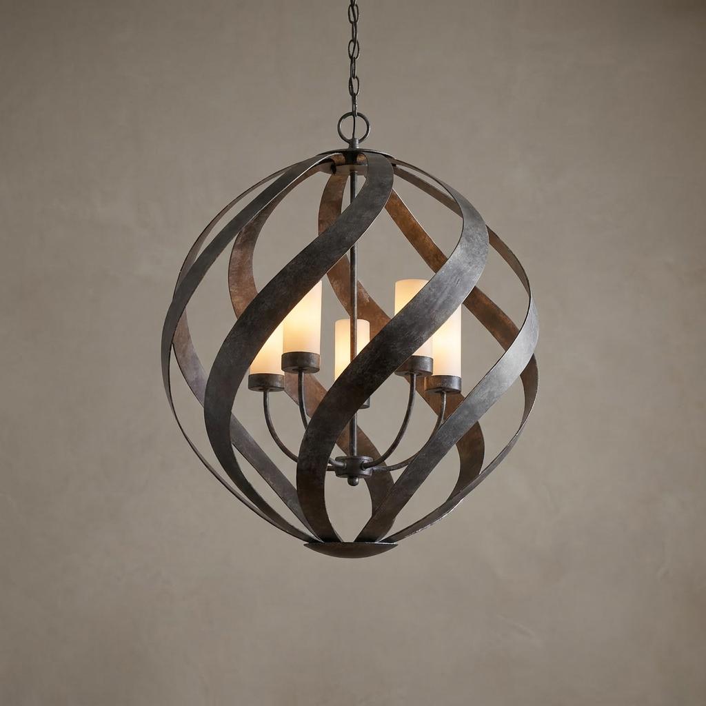 Blacksmith 5-light outdoor chandelier with frosted candle lights inside a swirling weathered metal sphere.