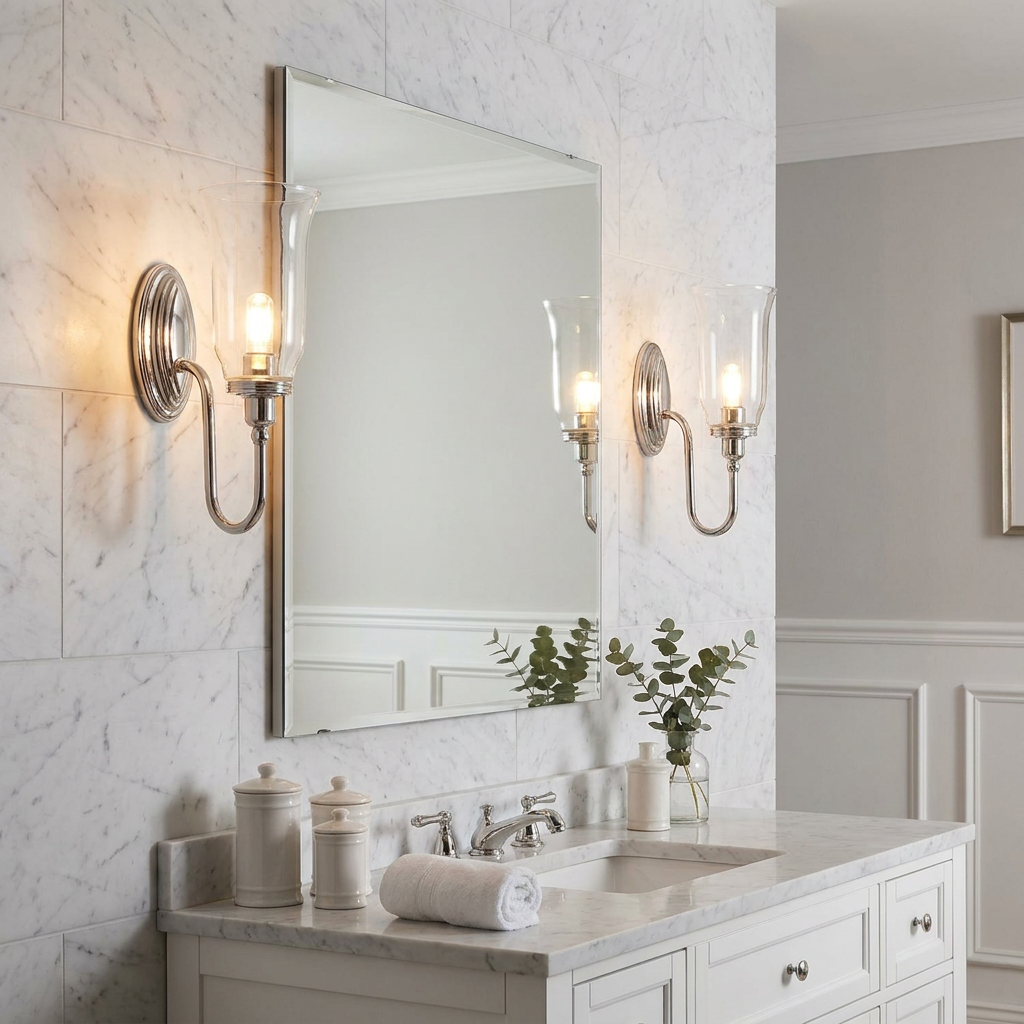Two Blake polished chrome wall lights with glass shades flanking a bathroom mirror on a marble wall.