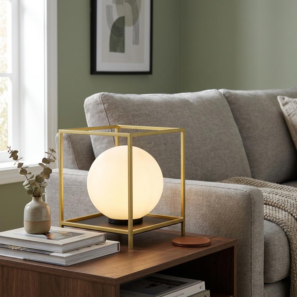A satin gold cubic table lamp with a glowing opal glass globe on a wooden side table next to a grey sofa.