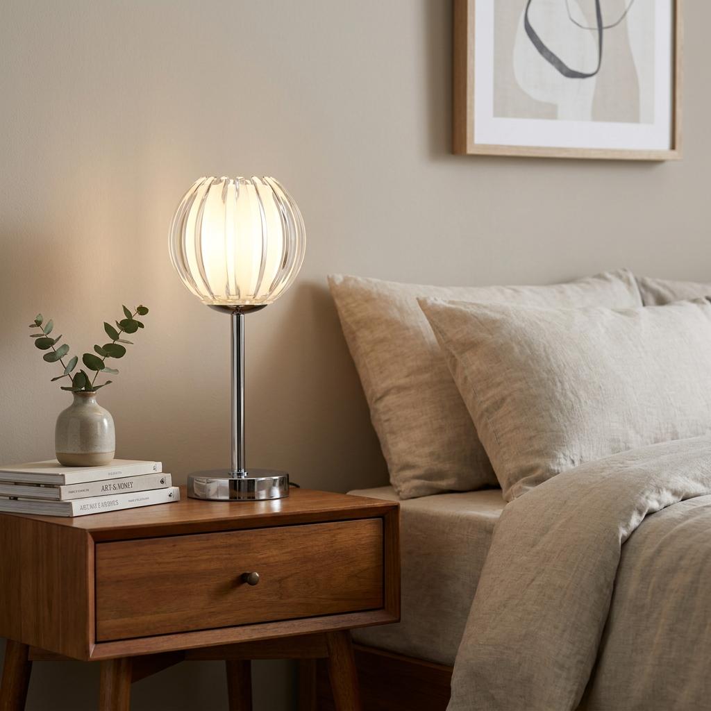 A chrome table lamp with a ribbed opal white glass shade sits lit on a wooden bedside table.