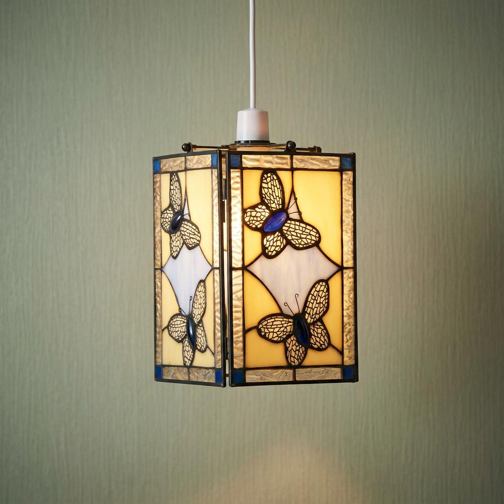 Rectangular Tiffany pendant shade with blue butterfly stained glass panels, hanging against a light green wall.