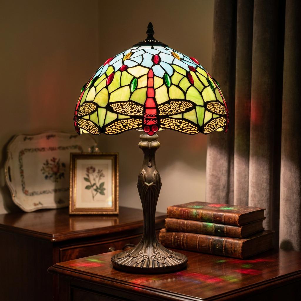 Stained-glass Tiffany lamp with blue and green dragonfly motifs on an ornate base, set on a wooden table with old books.